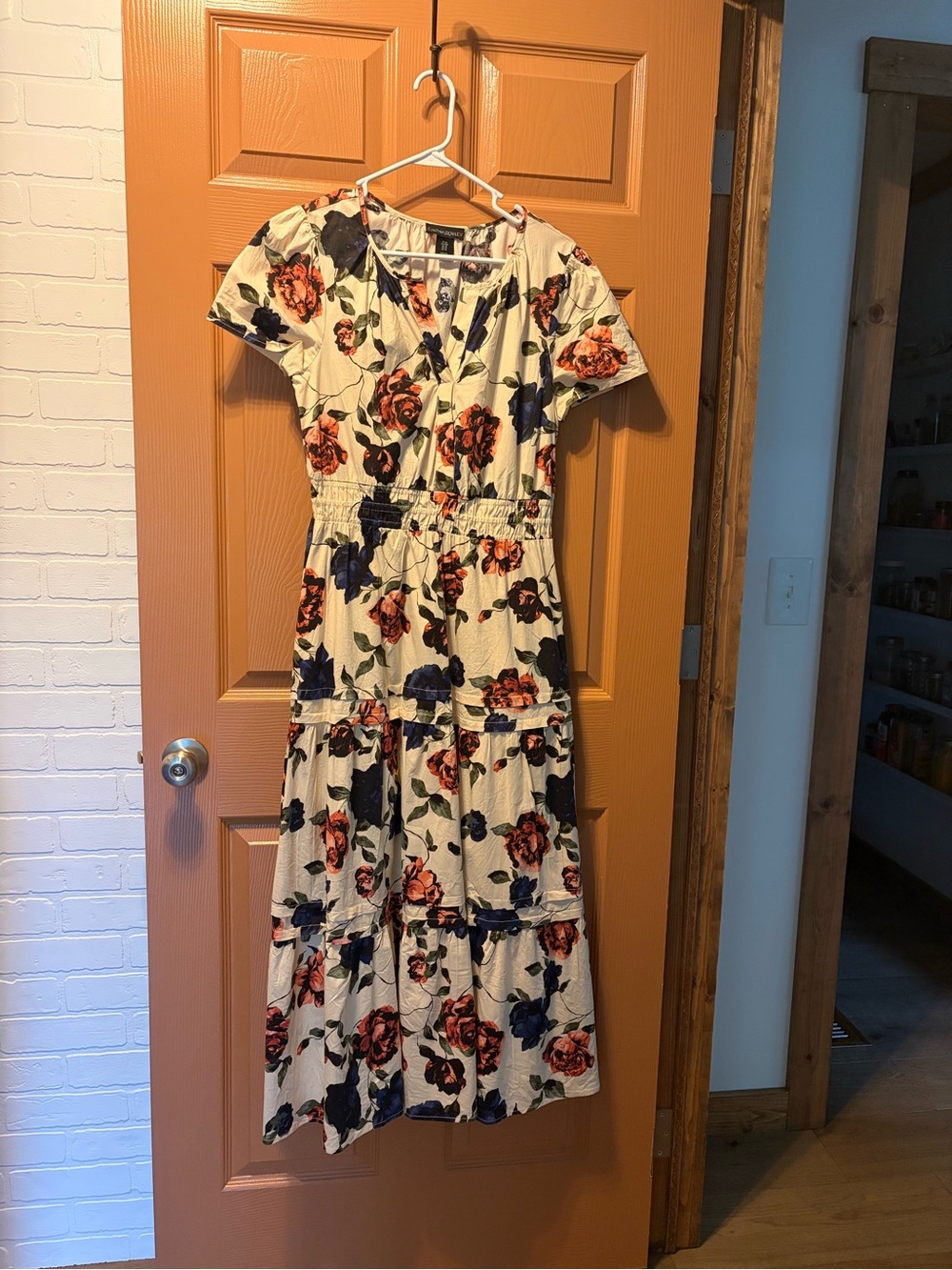 Cynthia Rowley Cream Midi Dress with Navy and Rust Floral Print